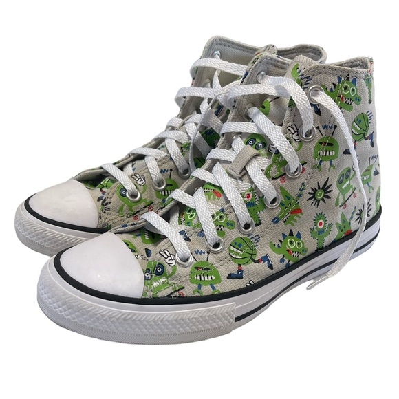 Gray Converse High-Tops With Green Monsters - Size 2 - Picture 2 of 7